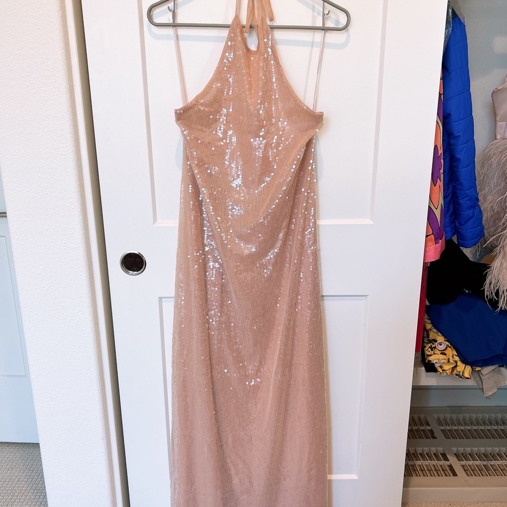 ZARA SEOUIN HALTER DRESS BEIGE PINK SZ S size